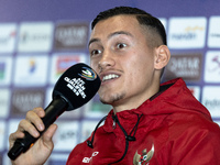 Jay Noah Idzes of Indonesia speaks during a press conference before facing the Japan national team during the FIFA World Cup Asian 3rd Quali...