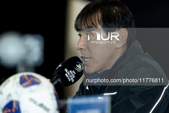 Head coach Shin Tae-Yong of Indonesia speaks during a press conference before facing the Japan national team during the FIFA World Cup Asian...