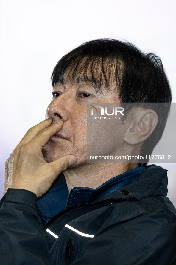 Head coach Shin Tae-Yong of Indonesia speaks during a press conference before facing the Japan national team during the FIFA World Cup Asian...