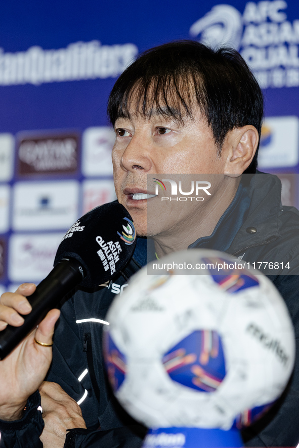 Head coach Shin Tae-Yong of Indonesia speaks during a press conference before facing the Japan national team during the FIFA World Cup Asian...