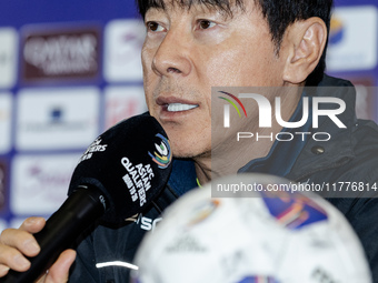 Head coach Shin Tae-Yong of Indonesia speaks during a press conference before facing the Japan national team during the FIFA World Cup Asian...