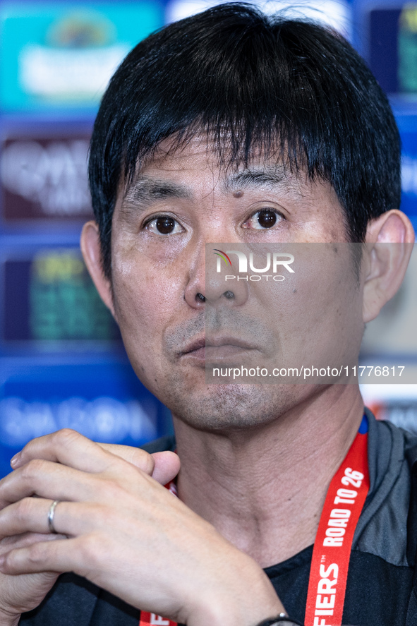 Japan head coach Hajime Moriyasu speaks during a press conference before facing the Indonesia national team during the FIFA World Cup Asian...