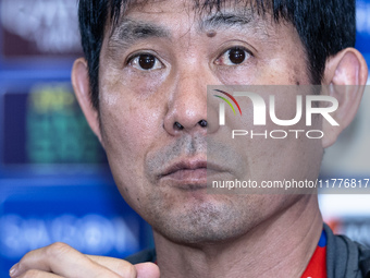 Japan head coach Hajime Moriyasu speaks during a press conference before facing the Indonesia national team during the FIFA World Cup Asian...