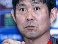 Japan head coach Hajime Moriyasu speaks during a press conference before facing the Indonesia national team during the FIFA World Cup Asian...