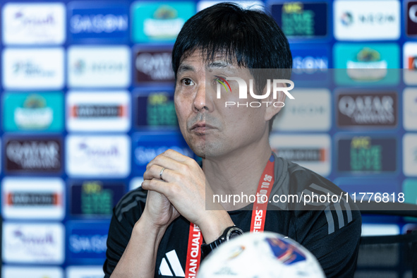 Japan head coach Hajime Moriyasu speaks during a press conference before facing the Indonesia national team during the FIFA World Cup Asian...