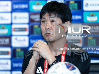 Japan head coach Hajime Moriyasu speaks during a press conference before facing the Indonesia national team during the FIFA World Cup Asian...