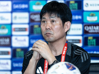 Japan head coach Hajime Moriyasu speaks during a press conference before facing the Indonesia national team during the FIFA World Cup Asian...