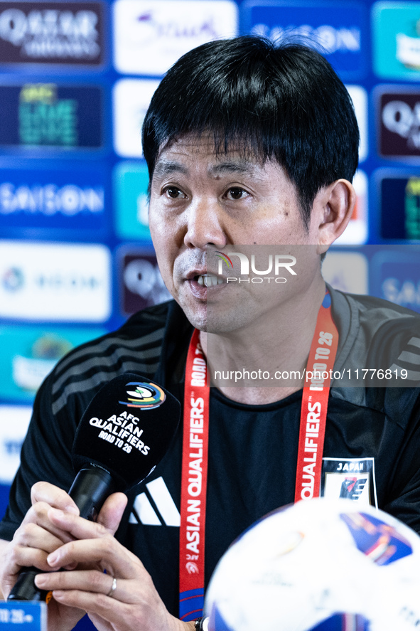 Japan head coach Hajime Moriyasu speaks during a press conference before facing the Indonesia national team during the FIFA World Cup Asian...