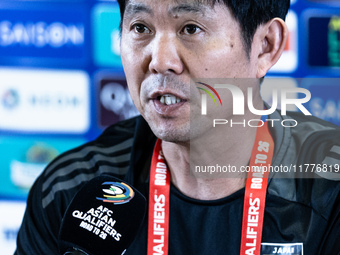 Japan head coach Hajime Moriyasu speaks during a press conference before facing the Indonesia national team during the FIFA World Cup Asian...