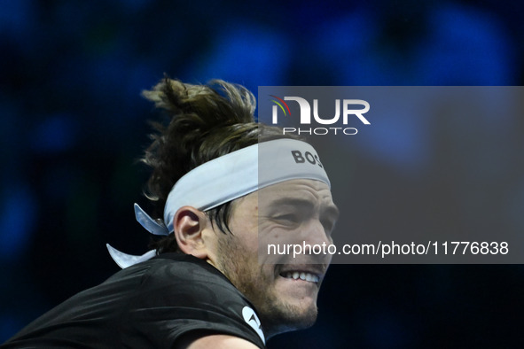 Taylor Fritz (USA) competes against Alex de Minaur (AUS) during day five of the Nitto ATP Finals 2024 at Inalpi Arena in Turin, Italy, on No...