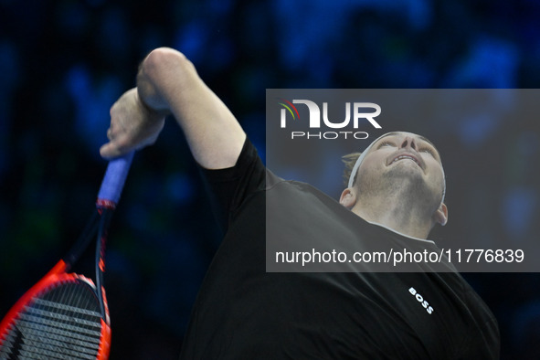 Taylor Fritz (USA) competes against Alex de Minaur (AUS) during day five of the Nitto ATP Finals 2024 at Inalpi Arena in Turin, Italy, on No...