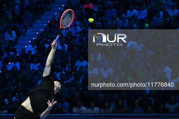 Taylor Fritz (USA) competes against Alex de Minaur (AUS) during day five of the Nitto ATP Finals 2024 at Inalpi Arena in Turin, Italy, on No...