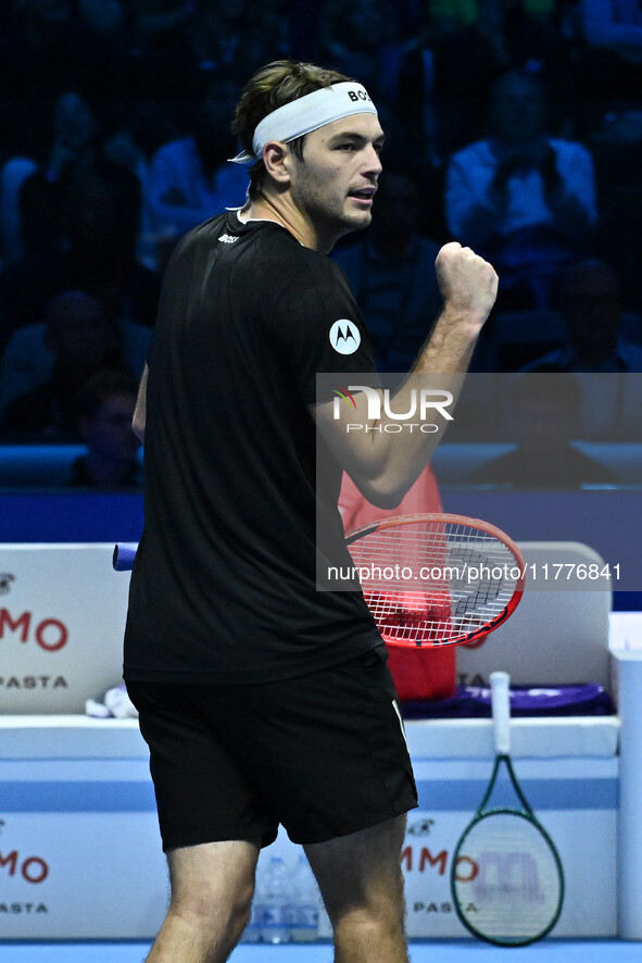 Taylor Fritz (USA) competes against Alex de Minaur (AUS) during day five of the Nitto ATP Finals 2024 at Inalpi Arena in Turin, Italy, on No...