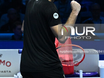 Taylor Fritz (USA) competes against Alex de Minaur (AUS) during day five of the Nitto ATP Finals 2024 at Inalpi Arena in Turin, Italy, on No...