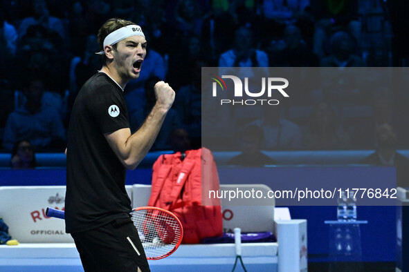 Taylor Fritz (USA) competes against Alex de Minaur (AUS) during day five of the Nitto ATP Finals 2024 at Inalpi Arena in Turin, Italy, on No...