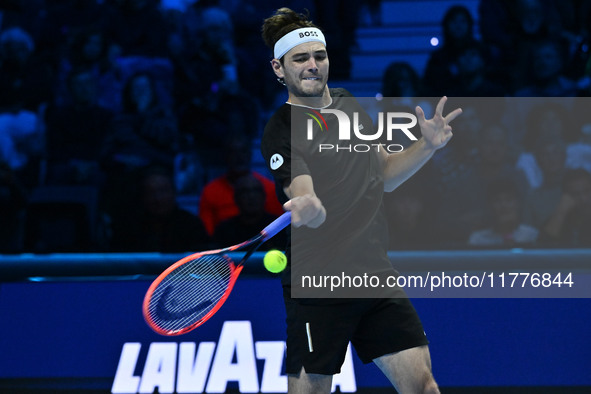 Taylor Fritz (USA) competes against Alex de Minaur (AUS) during day five of the Nitto ATP Finals 2024 at Inalpi Arena in Turin, Italy, on No...