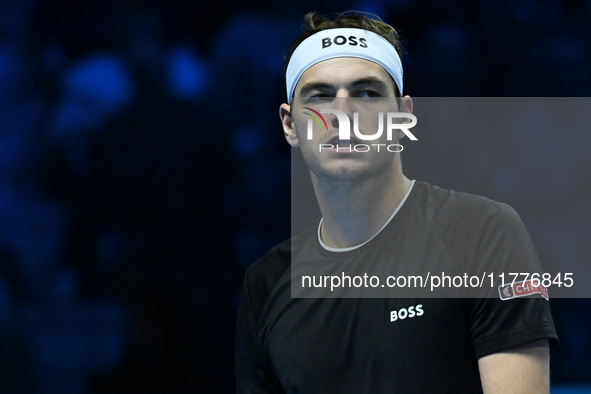 Taylor Fritz (USA) competes against Alex de Minaur (AUS) during day five of the Nitto ATP Finals 2024 at Inalpi Arena in Turin, Italy, on No...