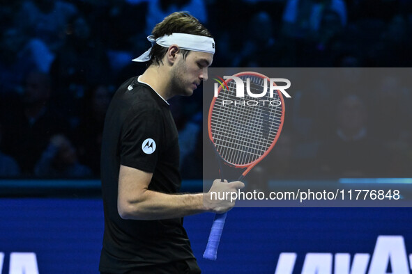 Taylor Fritz (USA) competes against Alex de Minaur (AUS) during day five of the Nitto ATP Finals 2024 at Inalpi Arena in Turin, Italy, on No...