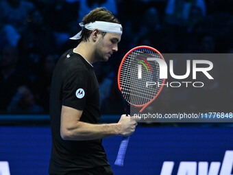 Taylor Fritz (USA) competes against Alex de Minaur (AUS) during day five of the Nitto ATP Finals 2024 at Inalpi Arena in Turin, Italy, on No...