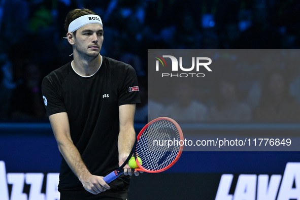 Taylor Fritz (USA) competes against Alex de Minaur (AUS) during day five of the Nitto ATP Finals 2024 at Inalpi Arena in Turin, Italy, on No...