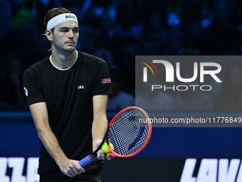 Taylor Fritz (USA) competes against Alex de Minaur (AUS) during day five of the Nitto ATP Finals 2024 at Inalpi Arena in Turin, Italy, on No...