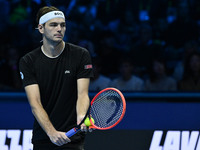 Taylor Fritz (USA) competes against Alex de Minaur (AUS) during day five of the Nitto ATP Finals 2024 at Inalpi Arena in Turin, Italy, on No...