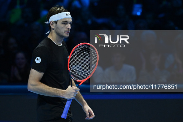 Taylor Fritz (USA) competes against Alex de Minaur (AUS) during day five of the Nitto ATP Finals 2024 at Inalpi Arena in Turin, Italy, on No...