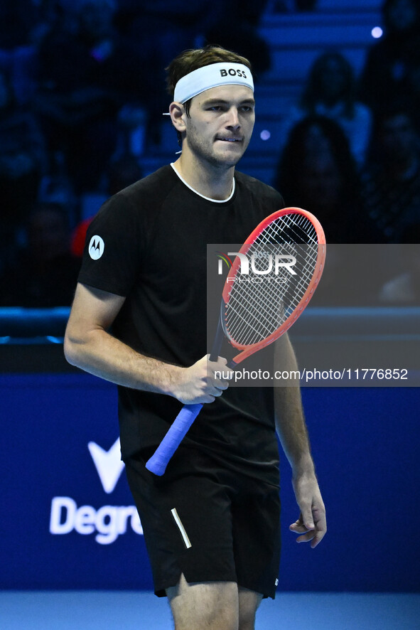 Taylor Fritz (USA) competes against Alex de Minaur (AUS) during day five of the Nitto ATP Finals 2024 at Inalpi Arena in Turin, Italy, on No...