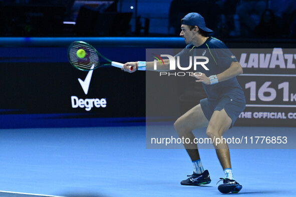 Alex de Minaur (AUS) competes against Taylor Fritz (USA) during day five of the Nitto ATP finals 2024 at Inalpi Arena in Turin, Italy, on No...