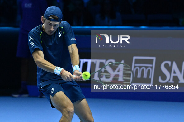 Alex de Minaur (AUS) competes against Taylor Fritz (USA) during day five of the Nitto ATP finals 2024 at Inalpi Arena in Turin, Italy, on No...