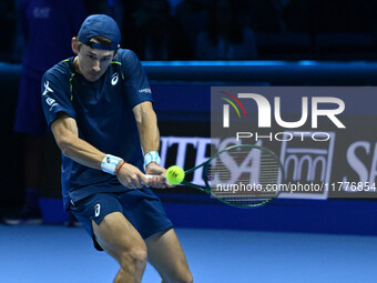 Alex de Minaur (AUS) competes against Taylor Fritz (USA) during day five of the Nitto ATP finals 2024 at Inalpi Arena in Turin, Italy, on No...