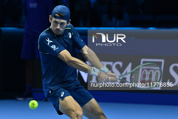 Alex de Minaur (AUS) competes against Taylor Fritz (USA) during day five of the Nitto ATP finals 2024 at Inalpi Arena in Turin, Italy, on No...