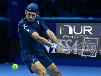 Alex de Minaur (AUS) competes against Taylor Fritz (USA) during day five of the Nitto ATP finals 2024 at Inalpi Arena in Turin, Italy, on No...