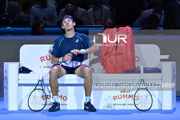 Alex de Minaur (AUS) competes against Taylor Fritz (USA) during day five of the Nitto ATP finals 2024 at Inalpi Arena in Turin, Italy, on No...