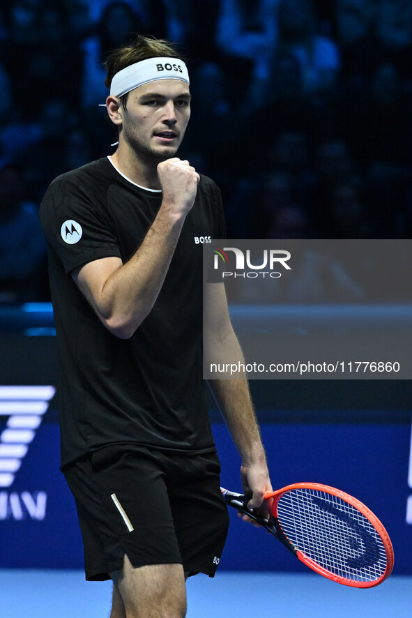 Taylor Fritz (USA) competes against Alex de Minaur (AUS) during day five of the Nitto ATP Finals 2024 at Inalpi Arena in Turin, Italy, on No...