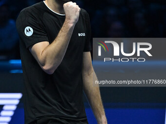 Taylor Fritz (USA) competes against Alex de Minaur (AUS) during day five of the Nitto ATP Finals 2024 at Inalpi Arena in Turin, Italy, on No...