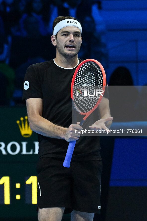 Taylor Fritz (USA) competes against Alex de Minaur (AUS) during day five of the Nitto ATP Finals 2024 at Inalpi Arena in Turin, Italy, on No...