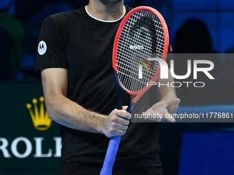 Taylor Fritz (USA) competes against Alex de Minaur (AUS) during day five of the Nitto ATP Finals 2024 at Inalpi Arena in Turin, Italy, on No...