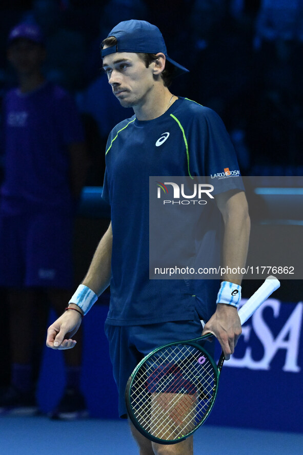 Alex de Minaur (AUS) competes against Taylor Fritz (USA) during day five of the Nitto ATP finals 2024 at Inalpi Arena in Turin, Italy, on No...