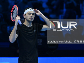 Taylor Fritz (USA) competes against Alex de Minaur (AUS) during day five of the Nitto ATP Finals 2024 at Inalpi Arena in Turin, Italy, on No...