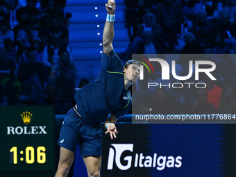 Alex de Minaur (AUS) competes against Taylor Fritz (USA) during day five of the Nitto ATP finals 2024 at Inalpi Arena in Turin, Italy, on No...