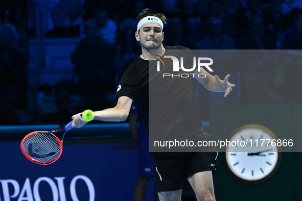 Taylor Fritz (USA) competes against Alex de Minaur (AUS) during day five of the Nitto ATP Finals 2024 at Inalpi Arena in Turin, Italy, on No...