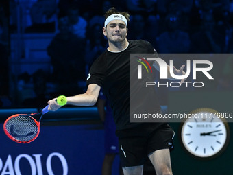 Taylor Fritz (USA) competes against Alex de Minaur (AUS) during day five of the Nitto ATP Finals 2024 at Inalpi Arena in Turin, Italy, on No...