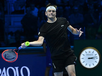 Taylor Fritz (USA) competes against Alex de Minaur (AUS) during day five of the Nitto ATP Finals 2024 at Inalpi Arena in Turin, Italy, on No...