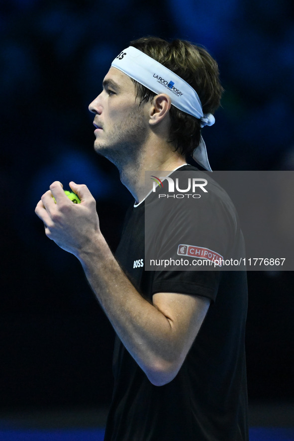 Taylor Fritz (USA) competes against Alex de Minaur (AUS) during day five of the Nitto ATP Finals 2024 at Inalpi Arena in Turin, Italy, on No...