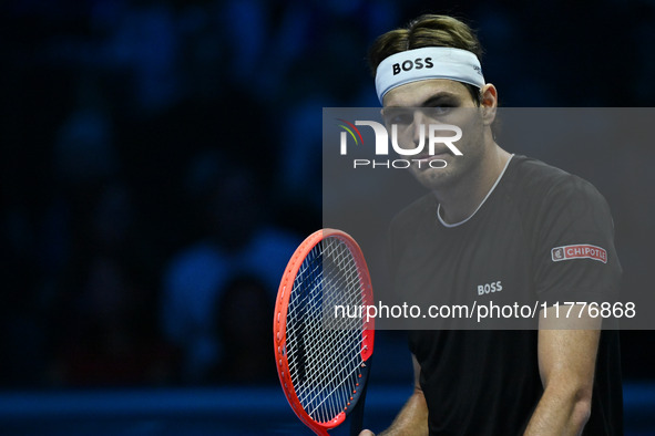 Taylor Fritz (USA) competes against Alex de Minaur (AUS) during day five of the Nitto ATP Finals 2024 at Inalpi Arena in Turin, Italy, on No...