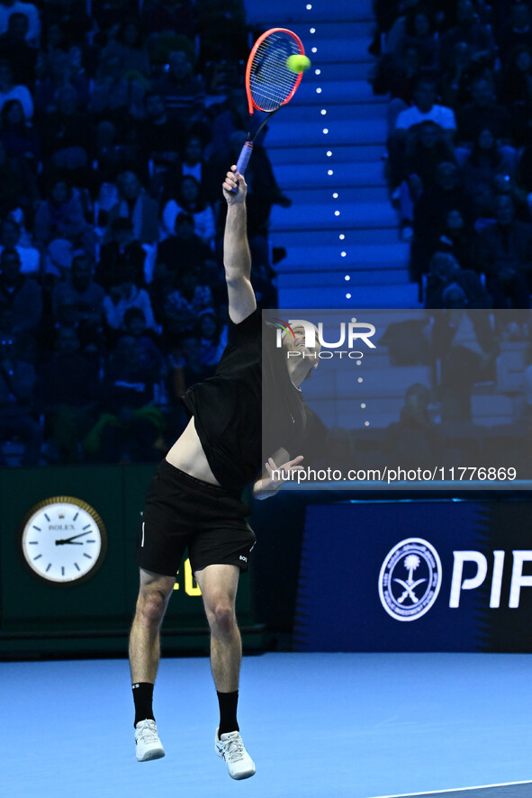 Taylor Fritz (USA) competes against Alex de Minaur (AUS) during day five of the Nitto ATP Finals 2024 at Inalpi Arena in Turin, Italy, on No...