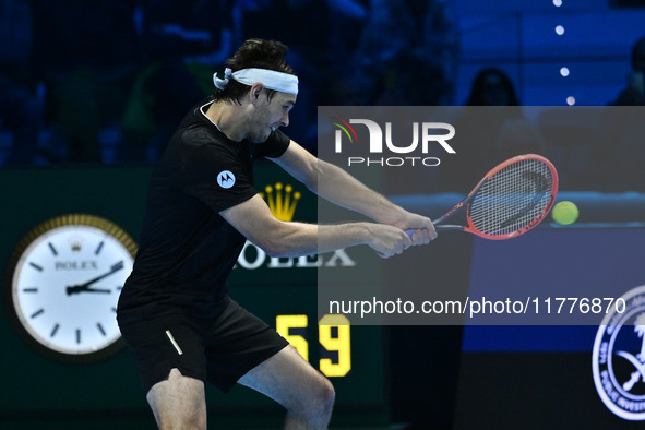 Taylor Fritz (USA) competes against Alex de Minaur (AUS) during day five of the Nitto ATP Finals 2024 at Inalpi Arena in Turin, Italy, on No...