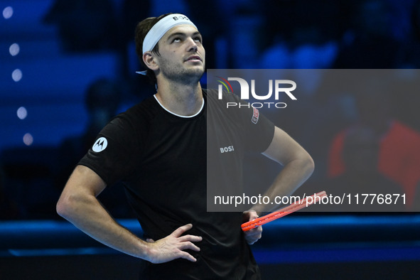 Taylor Fritz (USA) competes against Alex de Minaur (AUS) during day five of the Nitto ATP Finals 2024 at Inalpi Arena in Turin, Italy, on No...