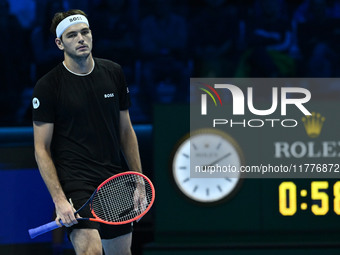 Taylor Fritz (USA) competes against Alex de Minaur (AUS) during day five of the Nitto ATP Finals 2024 at Inalpi Arena in Turin, Italy, on No...